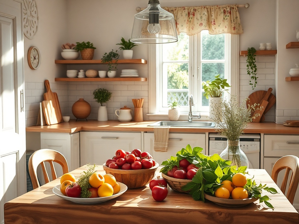 Светлая кухня с деревянным столом, на котором свежие фрукты и зелень, и окна с солнечным светом.