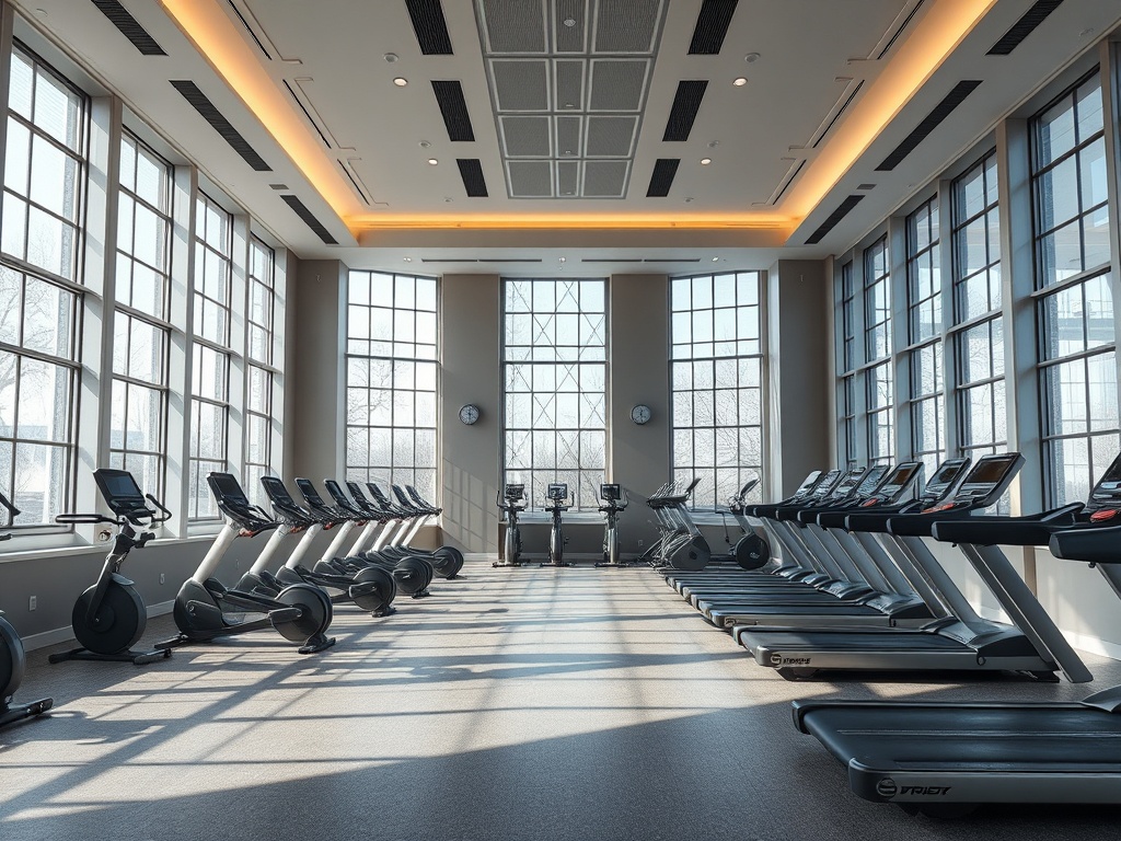 Современный тренажерный зал с большими окнами и разнообразными тренажерами для кардионагрузок.
