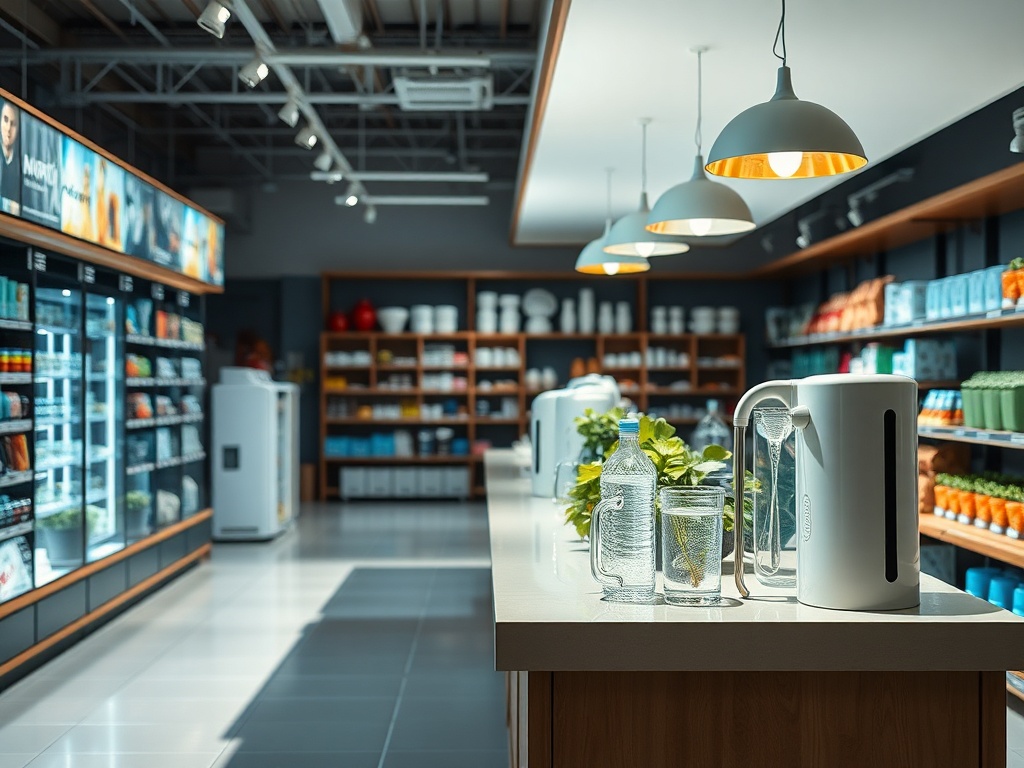 Современный магазин с полками, наполненными продуктами, и столом для дегустации напитков.