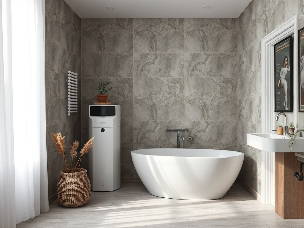 Современная ванная комната с белой ванной, умывальником и декоративными растениями в уютном интерьере.