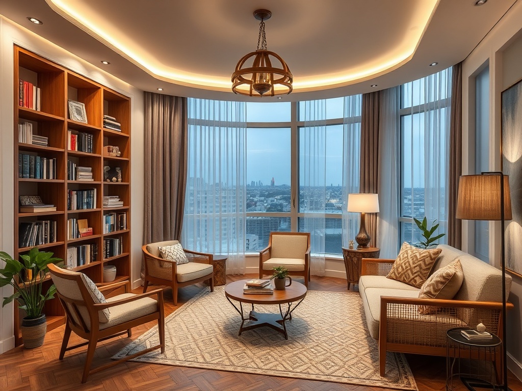 Светлая гостиная с книгами, уютной мебелью и видом на город через панорамные окна.