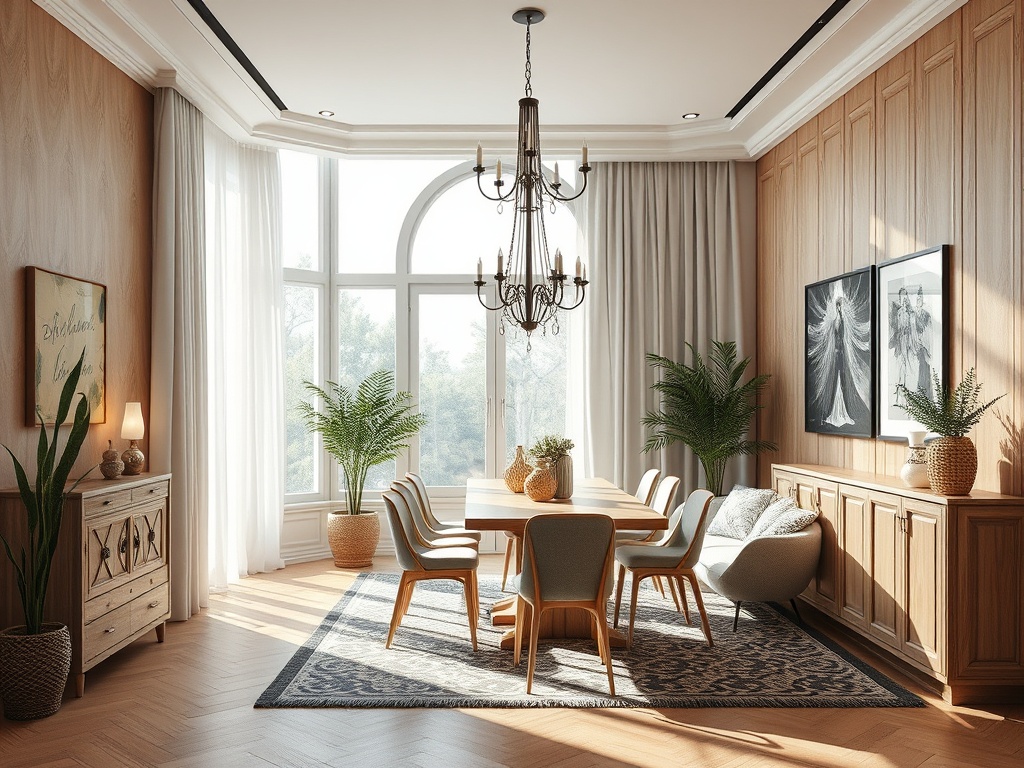 Светлая столовая с большим окном, деревянной мебелью и уютными растениями, украшенная элегантными картинами.
