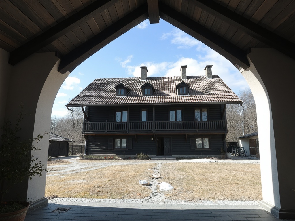 Вид на большой дом из арочного проема, окруженный голой землей и деревьями на фоне голубого неба.