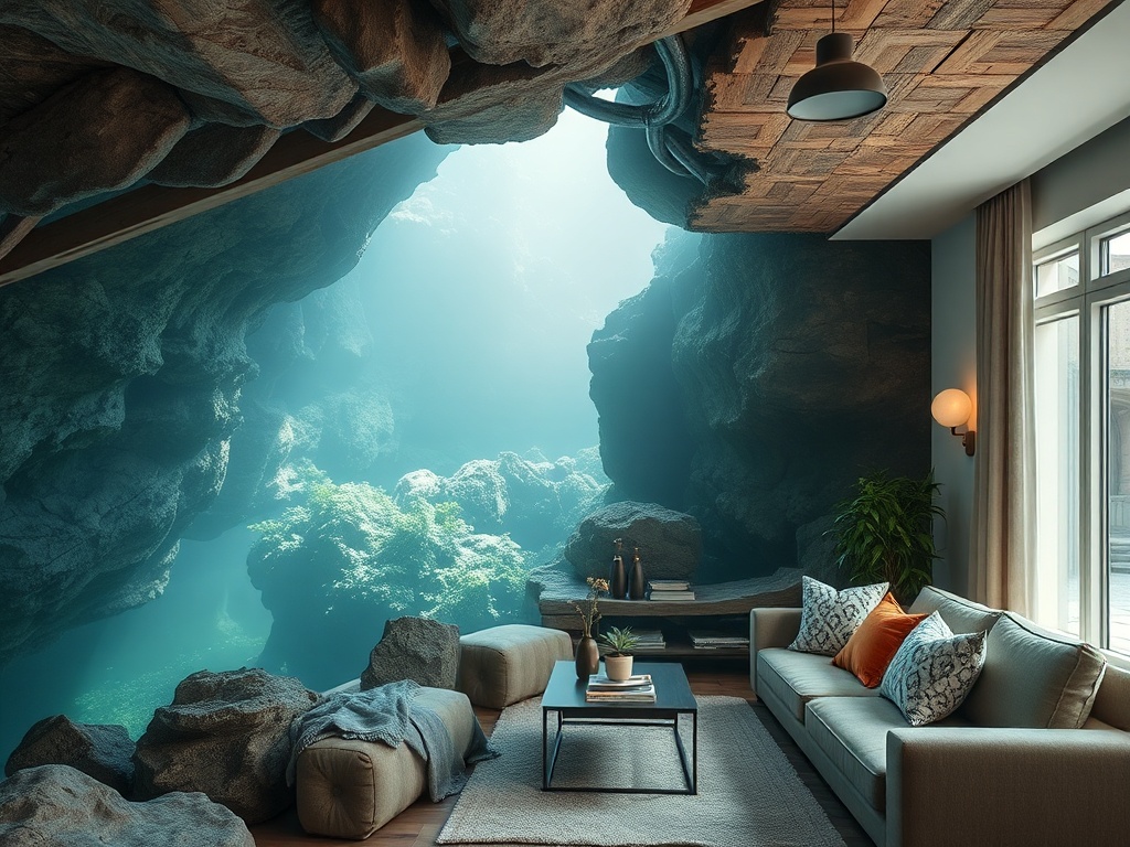 Светлая комната с диваном и растениями, стены напоминают подводную пещеру с камнями и водорослями.