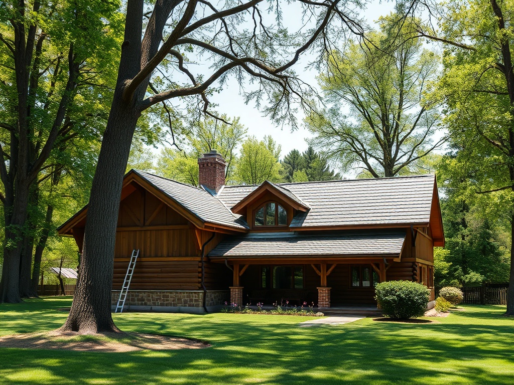 На изображении изображен красивый деревянный дом, окруженный зелеными деревьями и ухоженной травой.
