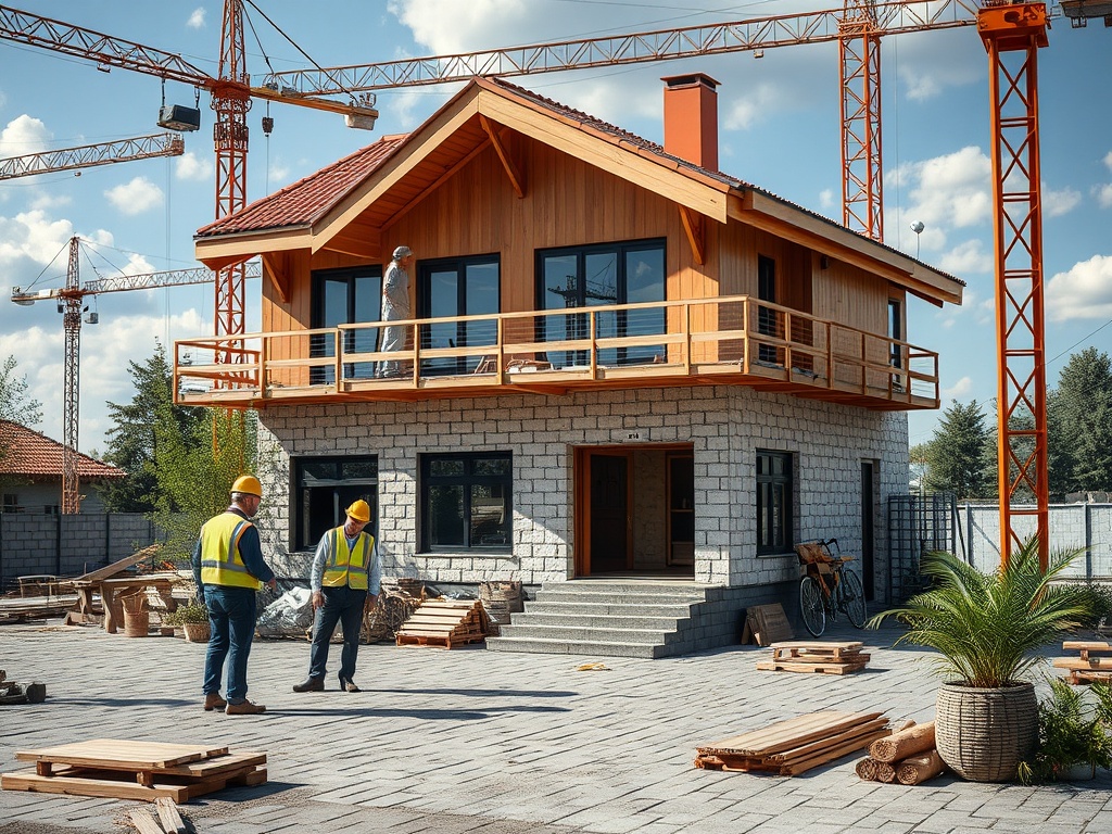 Строящийся дом с деревянными элементами, строительные работы, краны и рабочие на площадке.