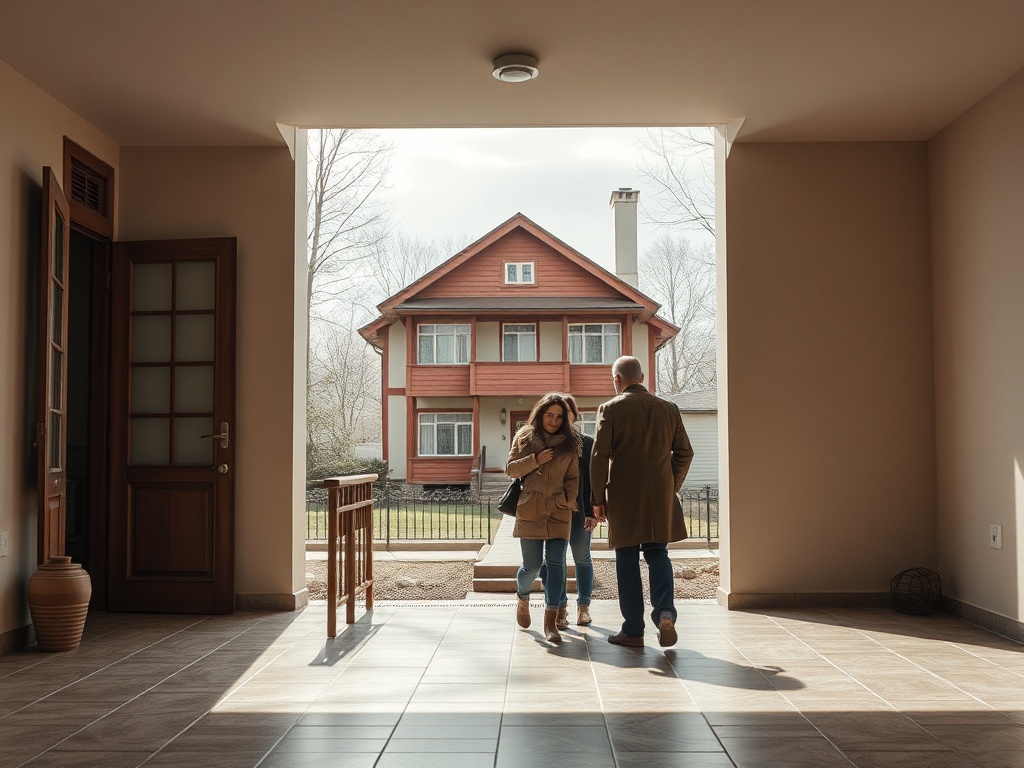 Двое людей входят в дом и обсуждают его. Виден красивый загородный дом на улице.
