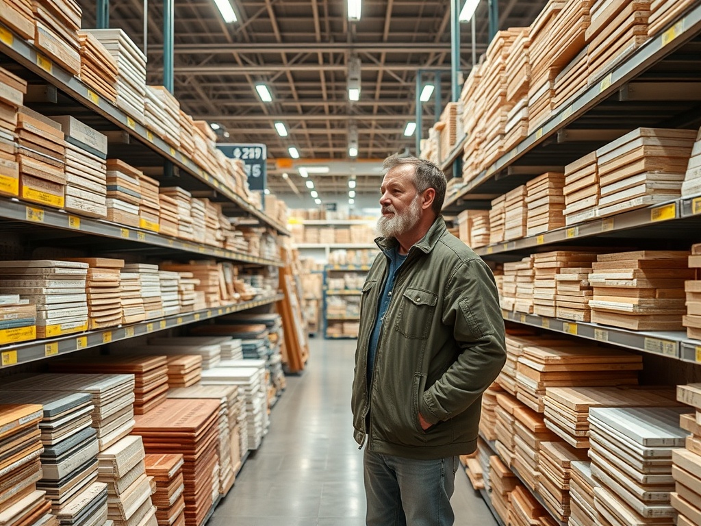 Мужчина стоит в магазине, окруженный полками с различными деревянными панелями и материалами.