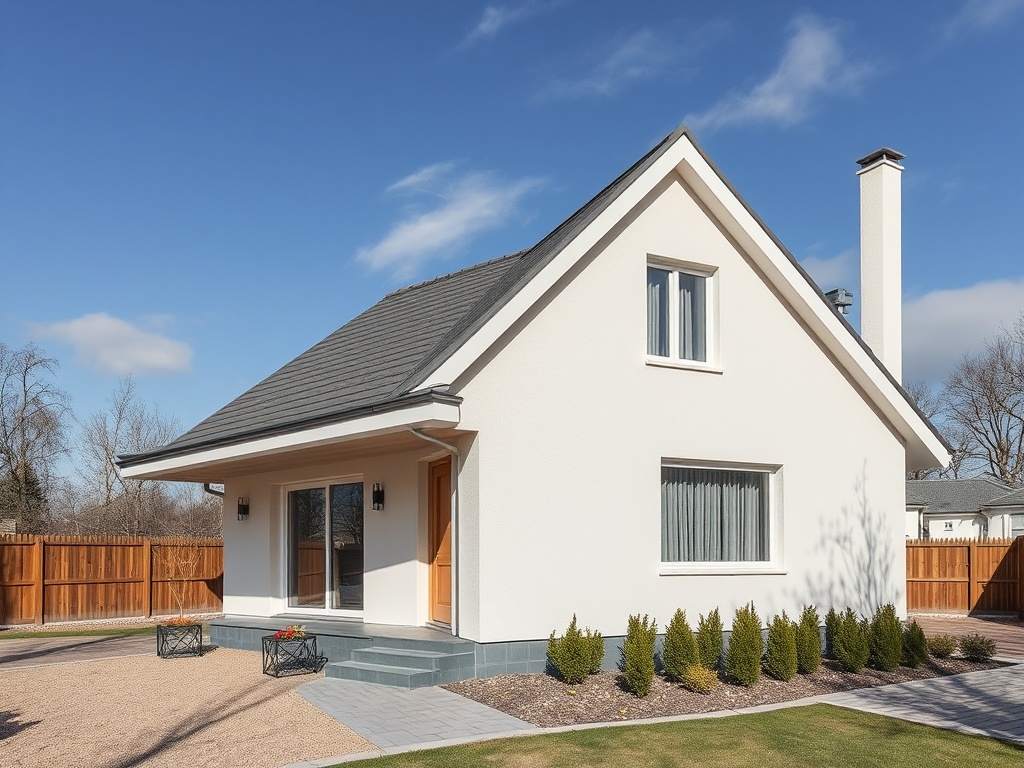 Современный дом с черной крышей и зелеными растениями у входа, на фоне голубого неба.