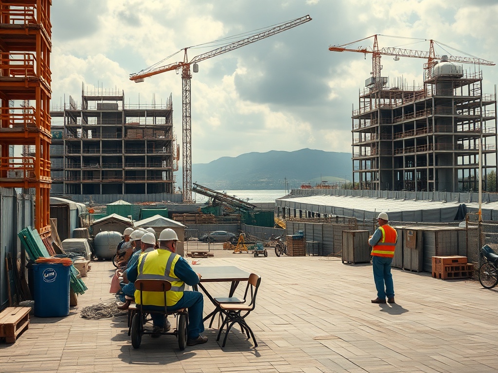 Строительная площадка с рабочими, которые отдыхают у стола, на фоне недостроенных зданий и кранов.