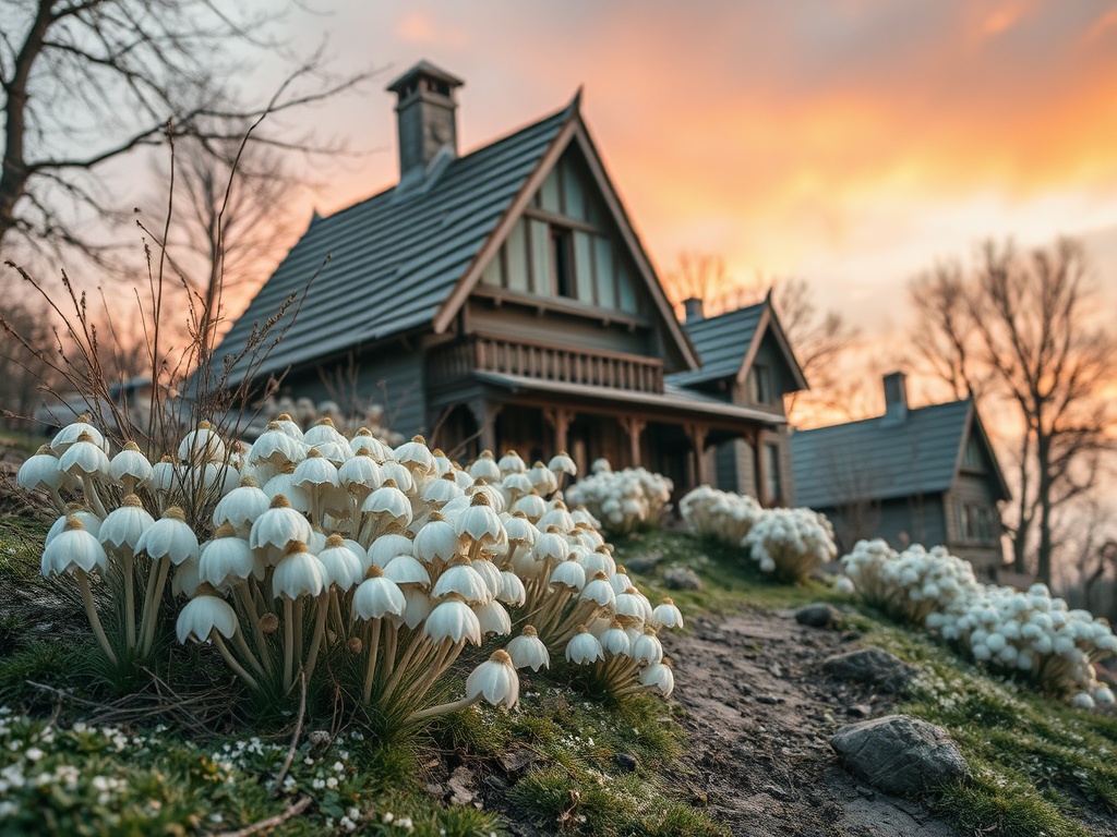 На переднем плане белые цветы, на заднем фоне дом с черной крышей и закатное солнце.