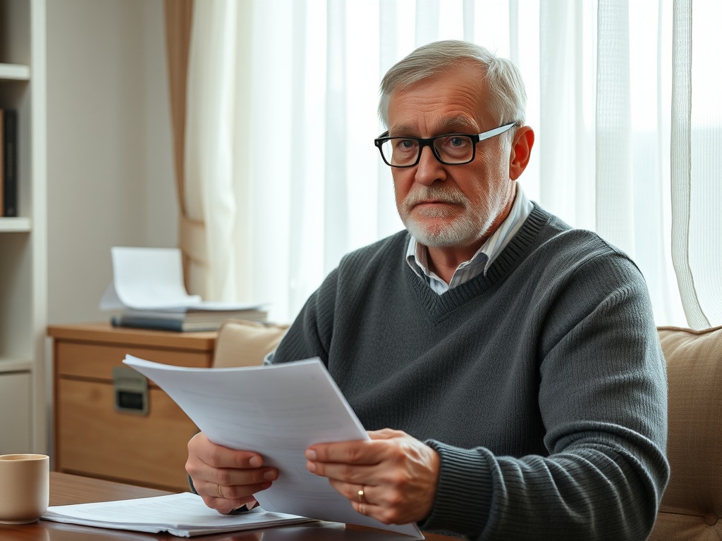Человек средних лет с бородой и очками сидит у стола, держа в руках бумаги, выглядит задумчиво.