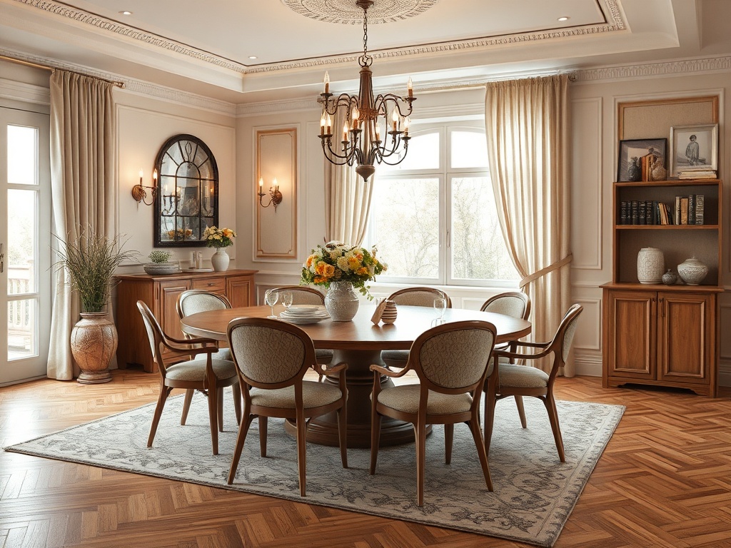 Уютная столовая с деревянным столом, стульями и красивыми цветами на столе, оформленная в светлых тонах.