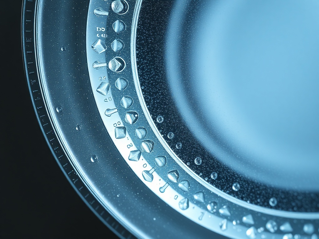 Крупный план края круглой поверхности с каплями воды на синем фоне. Свет создаёт интересные отражения.