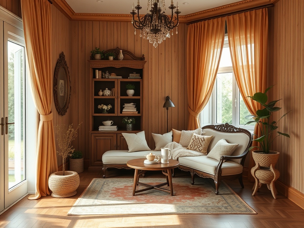 Уютная гостиная с кремовым диваном, деревянными стенами и элегантными занавесками оранжевого цвета.