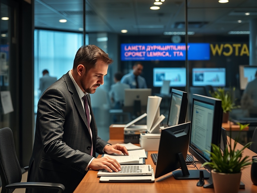 Мужчина в деловом костюме работает за компьютером в офисе с несколькими мониторами и зеленым растением.