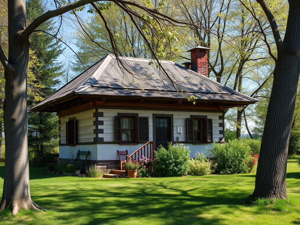 Уютный домик с зеленым газоном и деревьями вокруг, стоящий на солнечной поляне.