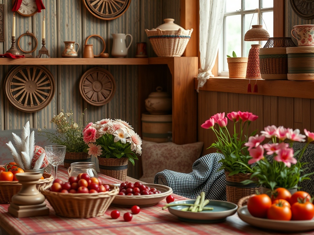Стол украшен корзинами с фруктами и цветами, surrounded by уютной обстановкой и предметами интерьера.