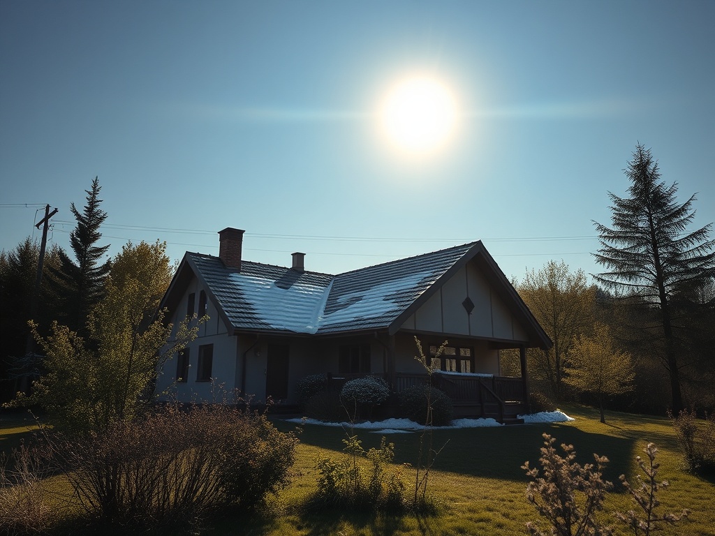 Дом на фоне ясного неба и яркого солнца, окруженный зелеными деревьями и растениями.
