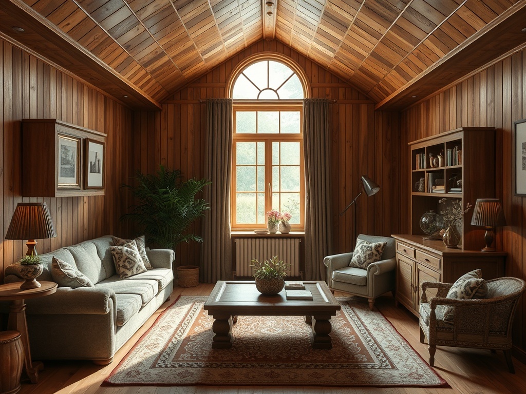Уютная комната с деревянными стенами, диваном, креслами и большим окном, залитым светом.