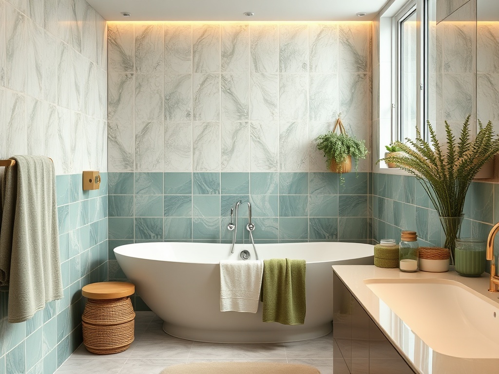 Элегантная ванная комната с белой ванной, зелеными акцентами и растениями на фоне светлых стен.