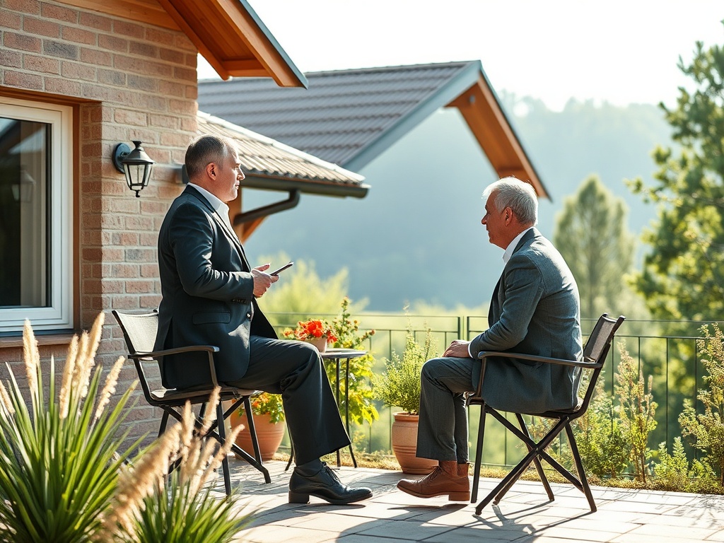 Два человека в костюмах беседуют на террасе, окружённой зеленью и деревьями, в солнечный день.