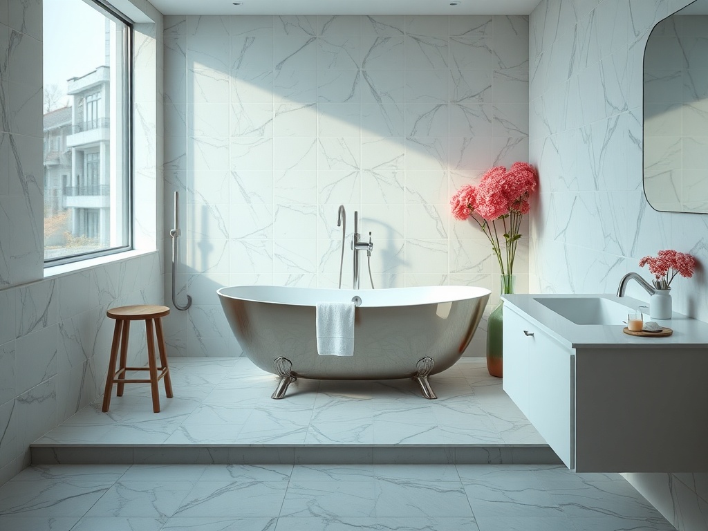 Ванная комната с стильной ванной, раковиной и цветами на столе, много света и современный дизайн.