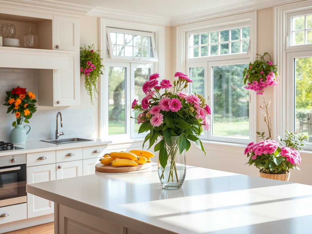 Светлая кухня с вазой цветов и фруктами на столе, много окон, зелень снаружи.