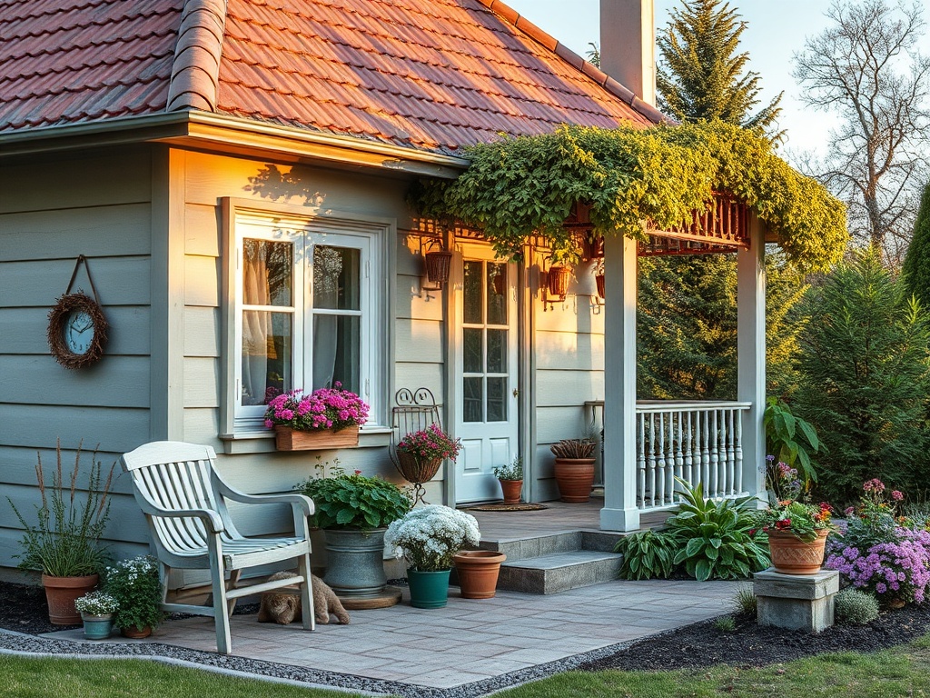 Очаровательный загородный дом с цветами на крыльце и ухоженным садом, залитый мягким светом заката.